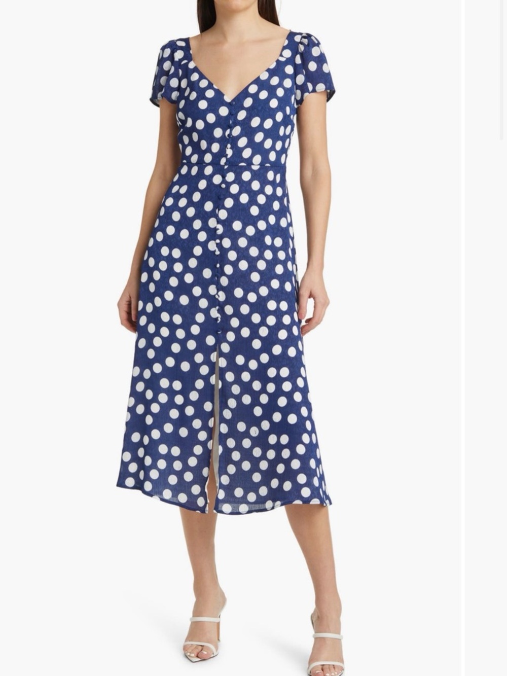 Charles Henry Navy and White Polka Dot Button-Front Midi Dress
